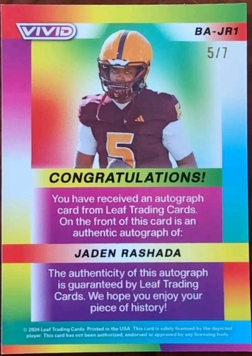 JADEN RASHADA 2024 Leaf Vivid AUTO Navy Blue Mojo SP #5/7 Jersey # ASU Georgia
