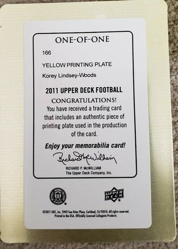 KOREY LINDSEY WOODS 2011 Upper Deck Rookie PRINTING PLATE SP #1/1 of 1 Bengals