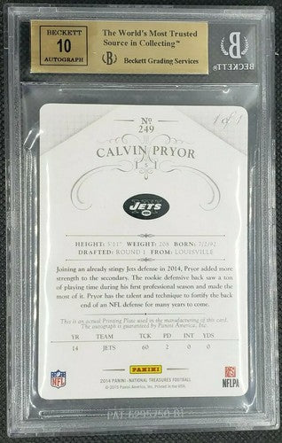 CALVIN PRYOR 2014 National Treasures DUAL AUTO PRINTING PLATE #1/1 BGS 9.5 Jets