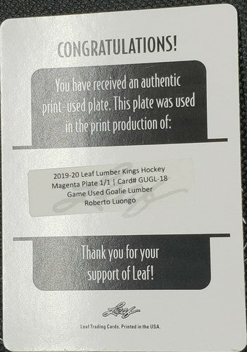 ROBERTO LUONGO 2019-20 Leaf Lumber Kings Hockey PRINTING PLATE SP #1/1 Canucks