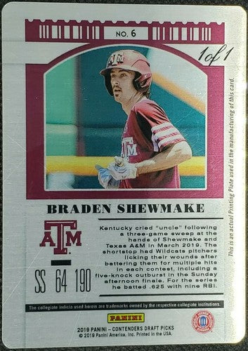 BRADEN SHEWMAKE 2019 Panini Contenders Draft Picks RC PRINTING PLATE #1/1 Braves