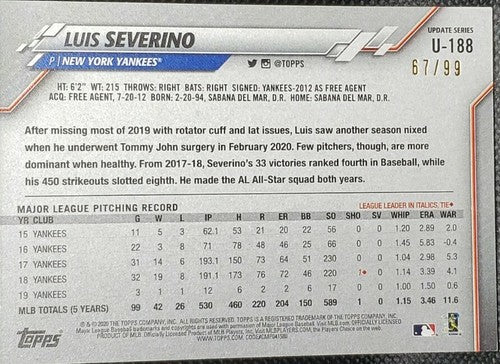 LUIS SEVERINO 2020 Topps Update Vintage Stock Variation PARALLEL SP #/99 Yankees