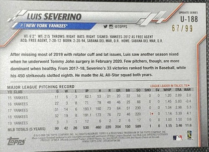 LUIS SEVERINO 2020 Topps Update Vintage Stock Variation PARALLEL SP #/99 Yankees