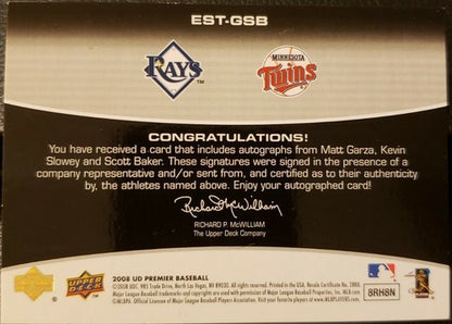 Matt GARZA Kevin SLOWEY Scott BAKER 2008 UD Premier Trio TRIPLE AUTO Gold SP /10
