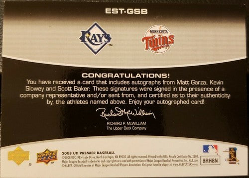 Matt GARZA Kevin SLOWEY Scott BAKER 2008 UD Premier Trio TRIPLE AUTO Gold SP /10