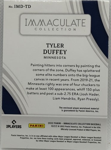 TYLER DUFFEY 2022 Panini Immaculate DUAL Jersey LAUNDRY TAG LOGO PATCH #/6 Twins