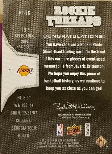 JAVARIS CRITTENTON 2007-08 SP Rookie Threads Dual Jersey Silver #/199 Lakers JC