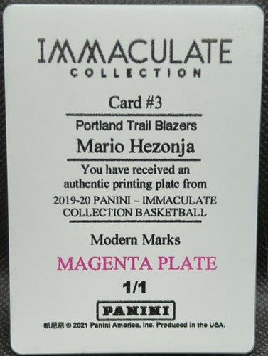MARIO HEZONJA 2019-20 Panini Immaculate PRINTING PLATE #1/1 Trail Blazers One of