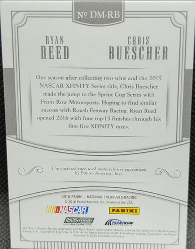 Ryan REED Chris BUESCHER 2016 Panini National Treasures DUAL Relic PATCH SP #/10