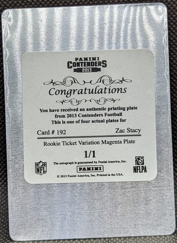 ZAC STACY 2013 Panini Contenders RC Variation AUTO PRINTING PLATE SP 1/1 Rams of