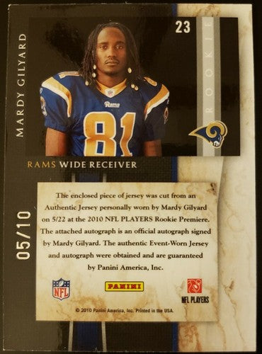 MARDY GILYARD 2010 Panini Limited Jumbo RC DUAL Jersey AUTO SP #05/10 Rams Jets