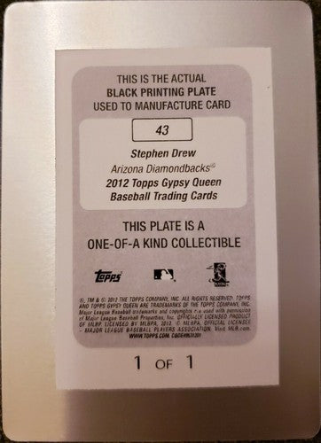 STEPHEN DREW 2012 Topps Gypsy Queen PRINTING PLATE #1/1 Diamondbacks A's Red Sox