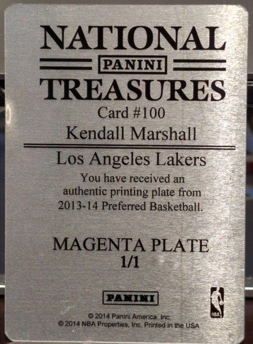 KENDALL MARSHALL 2013-14 Panini Preferred PRINTING PLATE SP #1/1 Lakers Suns of