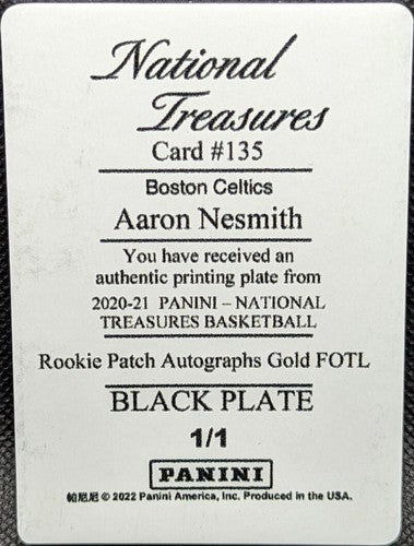 SKYLAR MAYS 2020-21 Panini National Treasures PRINTING PLATE #1/1 Aaron Nesmith