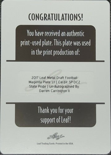 DARREN CARRINGTON II 2017 Leaf Metal State Pride RC PRINTING PLATE #1/1 Cowboys