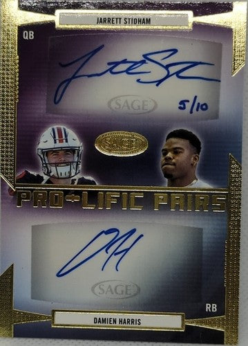 Jarrett STIDHAM Damien HARRIS 2019 SAGE RC DUAL AUTO SP Gold #/10 Patriots Bills