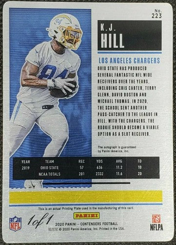 K. J. HILL 2020 Panini Contenders RC AUTO PRINTING PLATE #1/1 KJ Chargers One of