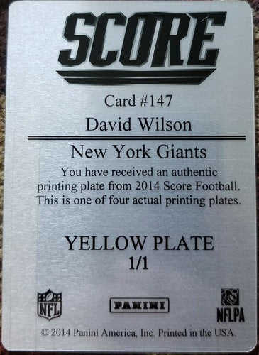 DAVID WILSON 2014 Panini Score Yellow PRINTING PLATE #1/1 of 1 New York Giants