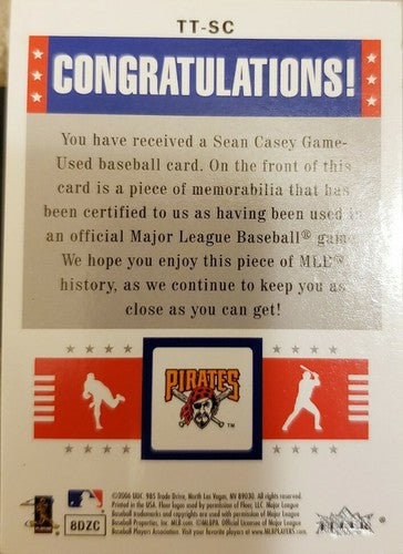 SEAN CASEY 2006 Fleer Tradition Traditional Threads Game Used Worn Jersey Reds