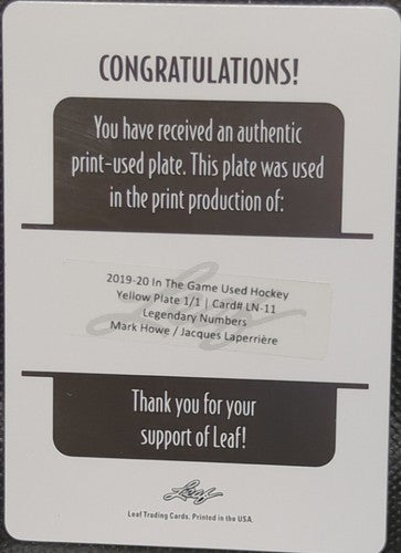 Mark HOWE Jacques LAPERRIERE 2019-20 In the Game Used DUAL PRINTING PLATE SP 1/1