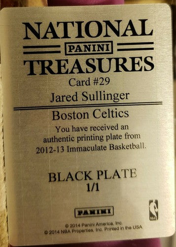 JARED SULLINGER 2012-13 Panini Immaculate Insignias PRINTING PLATE #1/1 Celtics