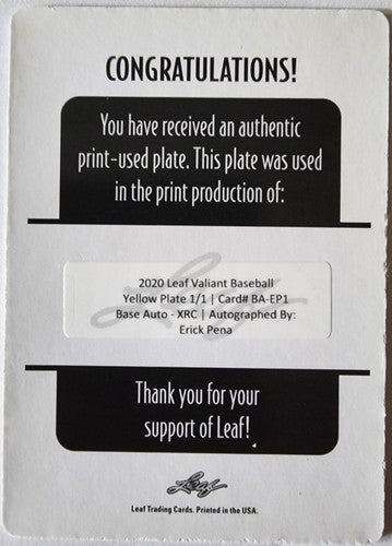 ERICK PENA 2020 Leaf Valiant RC DUAL AUTO PRINTING PLATE SP #1/1 Royals XRC of