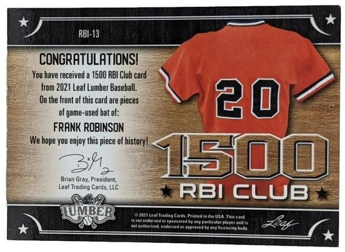 FRANK ROBINSON 2021 Leaf Lumber DUAL Game Used BAT GOLD #1/1 Orioles Reds Angels