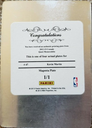 KEVIN MARTIN 2012-13 Playoff National Treasures PRINTING PLATE #1/1 of 1 Crusade