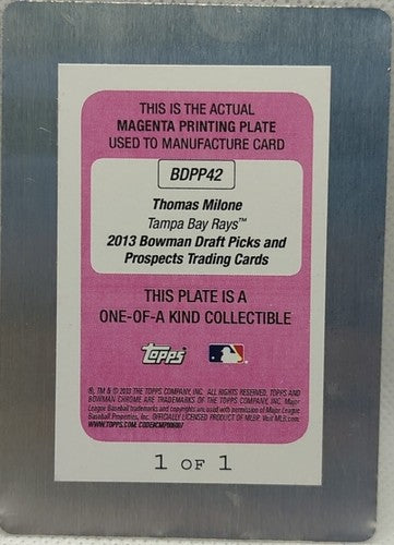 THOMAS MILONE 2013 Bowman Draft Picks & Prospects PRINTING PLATE 1/1 Rays Padres