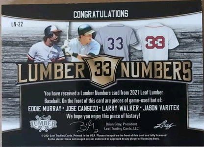 Jose CANSECO Eddie MURRAY Larry WALKER VARITEK 2021 Leaf Lumber QUAD BAT PATCH #