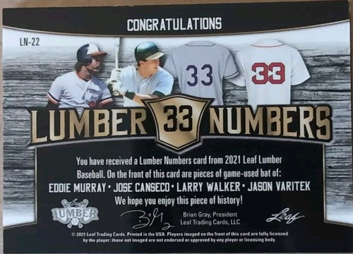 Jose CANSECO Eddie MURRAY Larry WALKER VARITEK 2021 Leaf Lumber QUAD BAT PATCH #