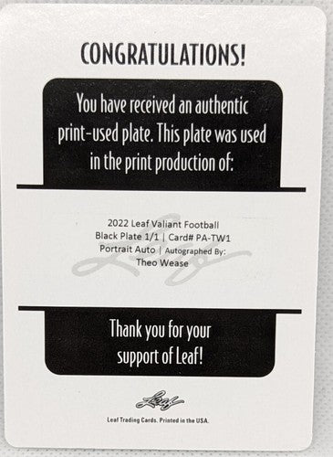 THEO WEASE 2022 Leaf Valiant Portrait AUTO PRINTING PLATE SP 1/1 Oklahoma Mizzou