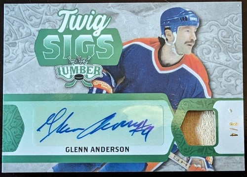 GLENN ANDERSON 2022 Leaf Lumber DUAL AUTO HOCKEY STICK PATCH Green SP #/4 Oilers