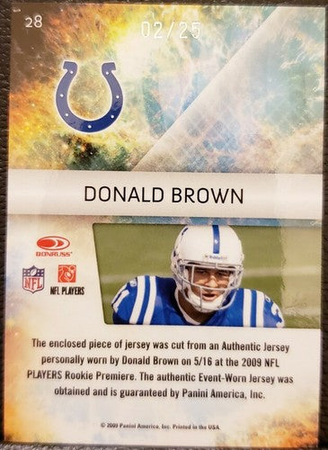 DONALD BROWN 2009 Playoff Absolute Memorabilia Jumbo Jersey PATCH SP #2/25 Colts