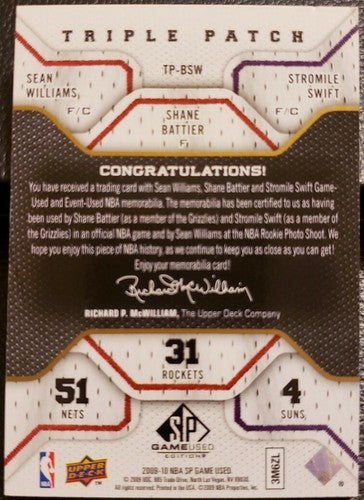 Shane BATTIER Stromile SWIFT WILLIAMS 2009-10 SP Game Used Triple Jersey PATCH #