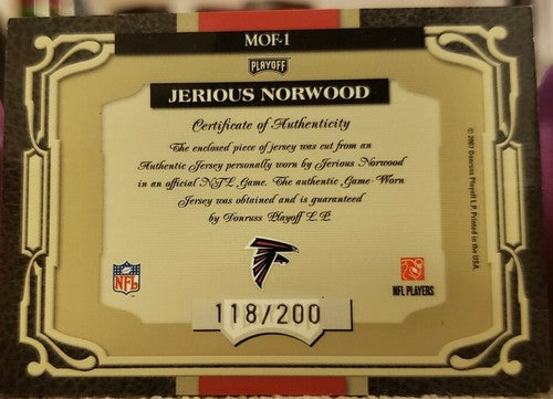 JERIOUS NORWOOD 2007 Playoff Absolute Memorabilia Game Worn Jersey #/200 Falcons