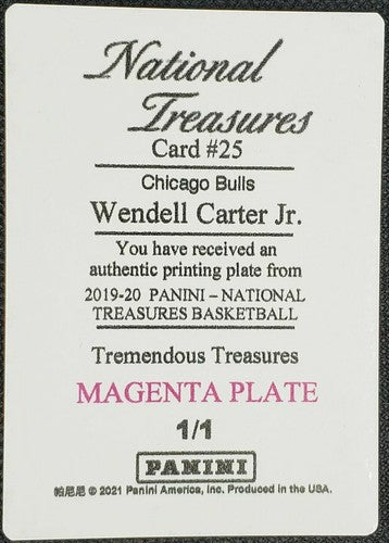 WENDELL CARTER JR 2019-20 Panini National Treasures PRINTING PLATE SP #1/1 Bulls