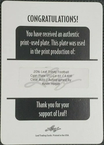 KEVIN HOGAN 2016 Leaf Trinity DUAL RC Clear AUTO PRINTING PLATE SP #1/1 Chiefs