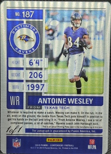 ANTOINE WESLEY 2021 Panini Contenders RC AUTO PRINTING PLATE #1/1 Ravens One of