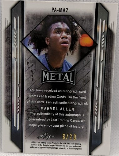 MARVEL ALLEN 2021-22 Leaf Metal RC Prospect AUTO Blue Mojo #/20 Montverde Eagles