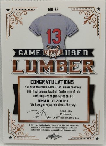 OMAR VIZQUEL 2021 Leaf Lumber JUMBO Game Used Bat Relic Patch EMERALD GREEN #4/5
