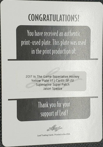 JASON SPEZZA 2017 In the Game Superlative Hockey PRINTING PLATE SP #1/1 Senators