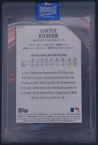 CARTER KIEBOOM 2020 Topps Archives Signature Series 2018 Platinum RC AUTO SP 1/1