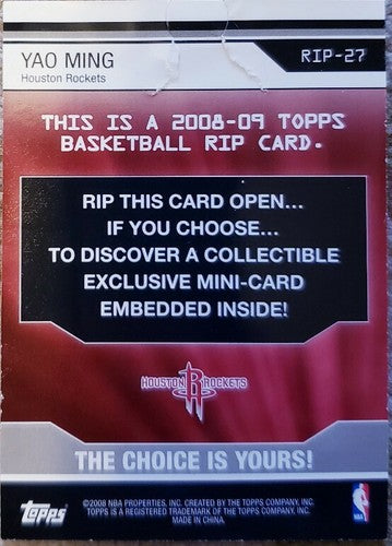 YAO MING 2008-09 Topps NBA Mini Rip Card SP #68/99 #RIP-27 Houston Rockets China