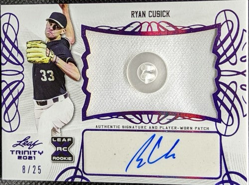 RYAN CUSICK 2021 Leaf Trinity DUAL AUTO Jersey BUTTON PATCH Purple /25 Braves As