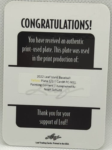 NOAH SCHULTZ 2022 Leaf Vivid RC AUTO Yellow PRINTING PLATE SP #1/1 White Sox of