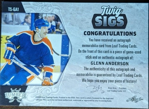 GLENN ANDERSON 2022 Leaf Lumber DUAL AUTO HOCKEY STICK PATCH Green SP #/4 Oilers