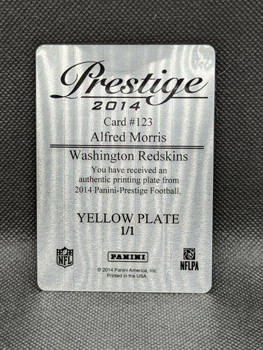 ALFRED MORRIS 2014 Panini Prestige PRINTING PLATE SP #1/1 Washington #123 One of