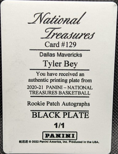 TYLER BEY 2020-21 Panini National Treasures RC PRINTING PLATE #1/1 Mavericks of