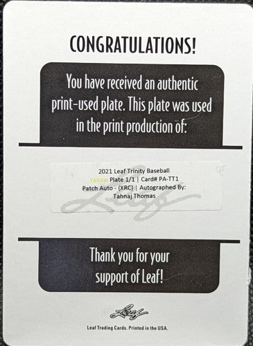 TAHNAJ THOMAS 2021 Leaf Trinity RC AUTO PRINTING PLATE SP #1/1 Pirates Guardians